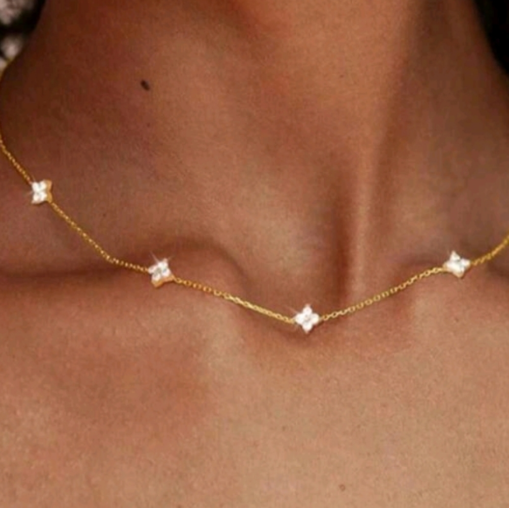 NEW! 14k Gold Plated Clover Cz Cubic Zirconia Station Chain Necklace